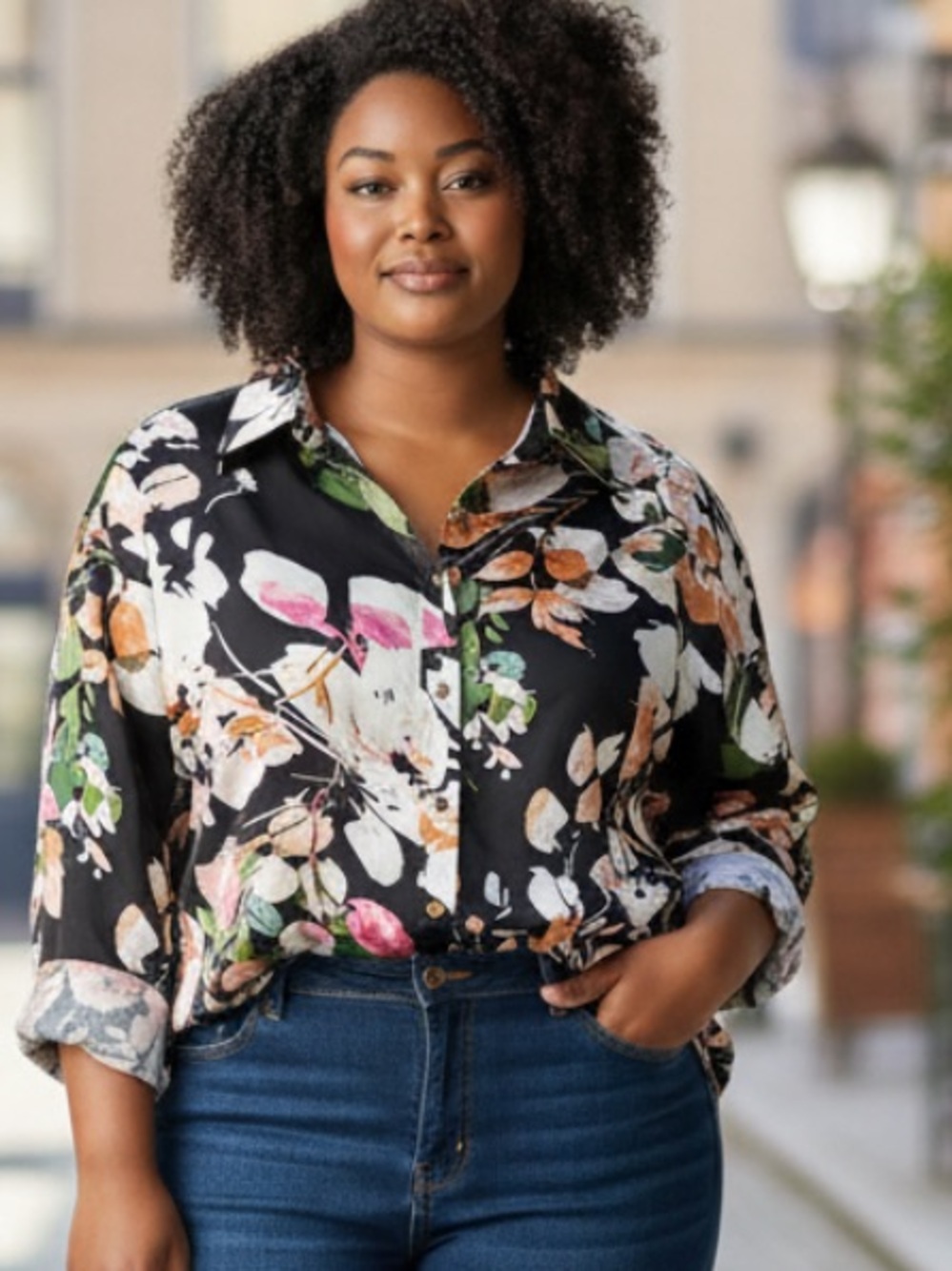 entro Black Floral Button-Down Shirt with Pink, Green & Orange Accents